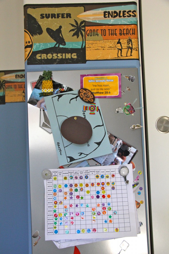 sticker reward chart on magnet board