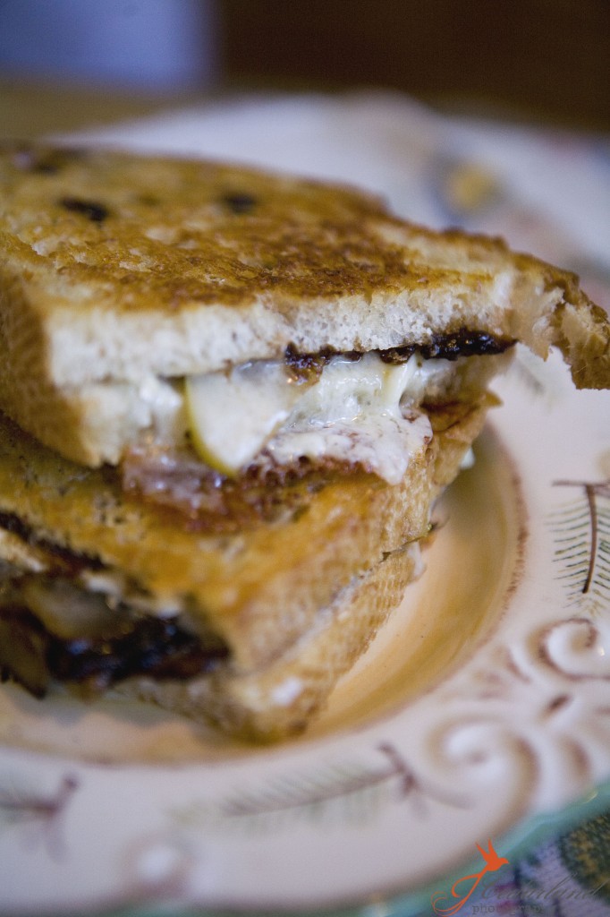pear, brie, fig butter, and carmelized onion sandwich on sourdough