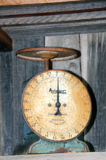 antique scale displayed in rustic barn wood baker's rack
