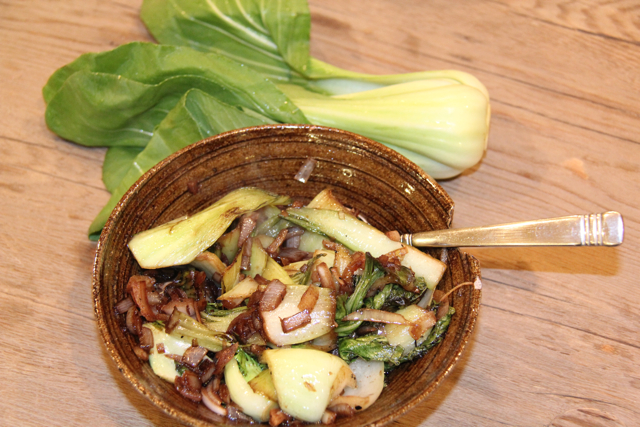 flame cooked baby bok choy with onions