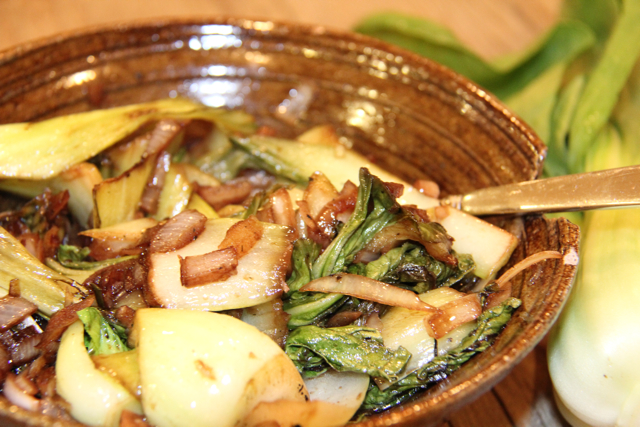 flame cooked baby bok choy with onions