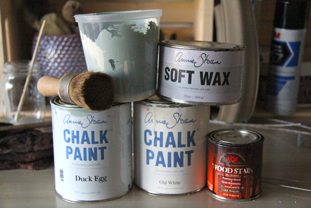 annie sloan chalk paint, brush, and ace dark wood wax