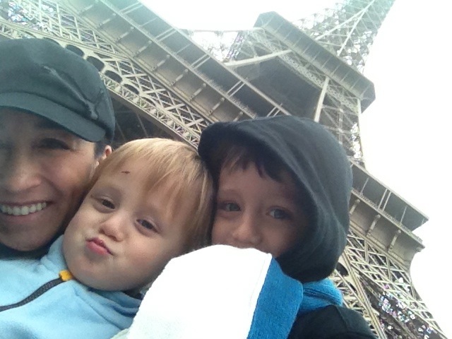 mom and young boys at eiffel tower