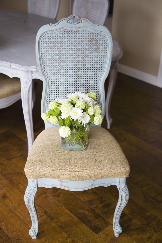 cane back chair painted annie sloan duck egg with flower vase