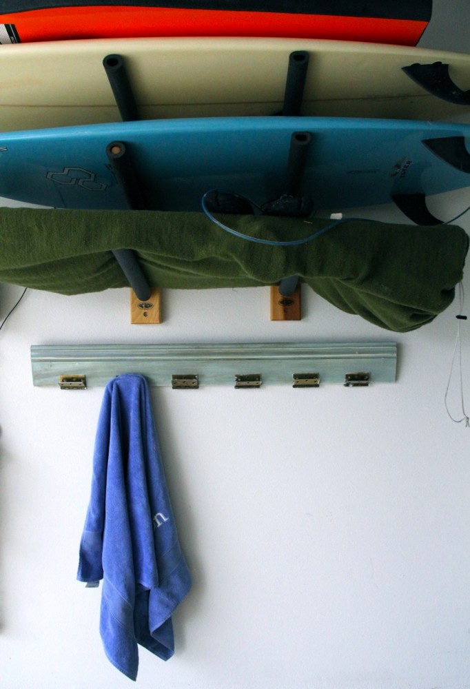 Annie Sloan coat rack under a surfboard rack
