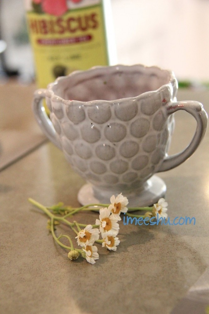 rustic tea cup with pretty tiny white flowers