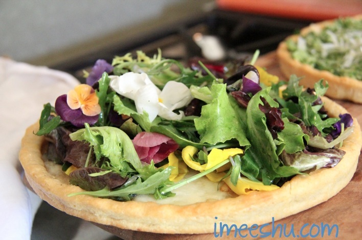 organic salad and pansy flower pizza