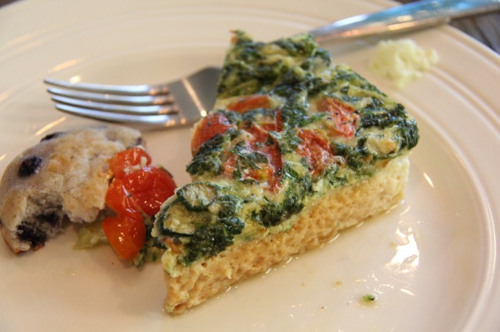 egg white frittata with tomatoes, spinach, zucchini and goat cheese