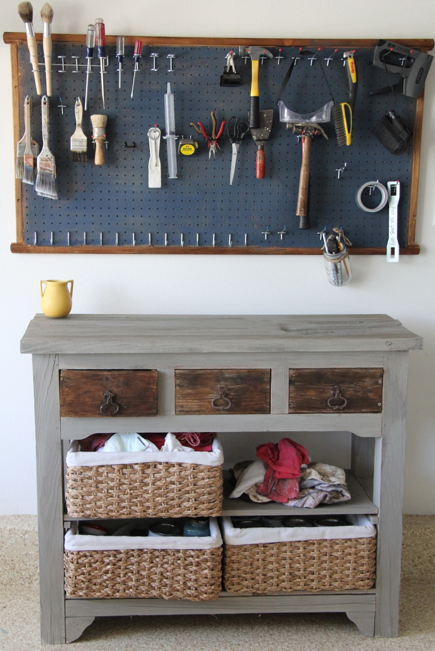Annie Sloan painted work bench with peg board tools