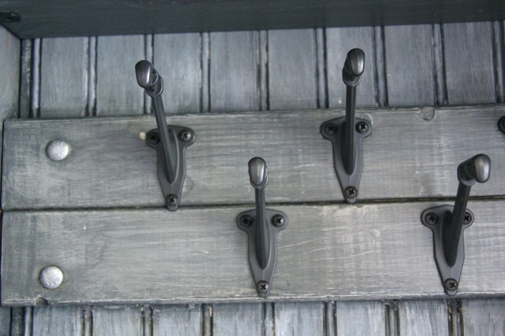 rustic mud room bronze hooks on Annie Sloan blueish graphite 