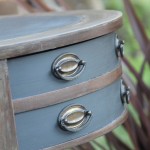 Annie Sloan painted Duncan Phyfe drum table front graphite napoleonic blue mix