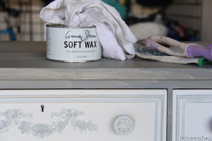 Annie Sloan Chalk Paint Clear wax can with rags on dresser