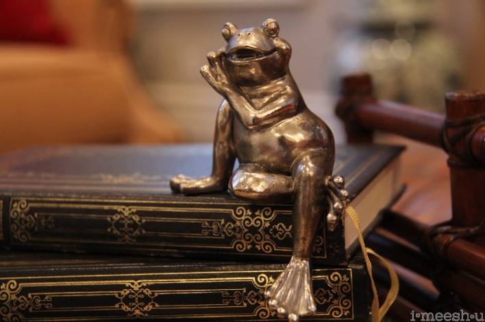 silver frog sitting on books traditional decor