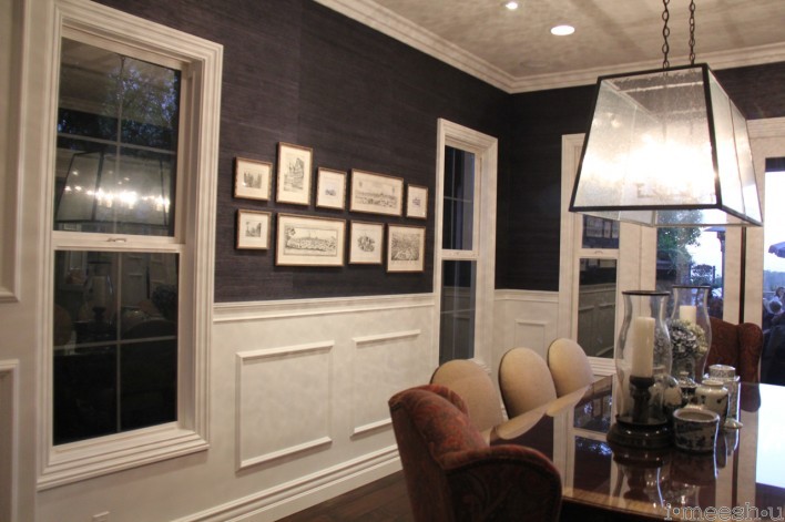formal dining room dark blue grass cloth wallpaper, white wainscoting