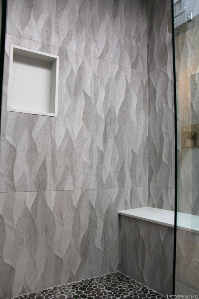 large plank gray wave tile shower walls misty carrara cesarstone seat and niche